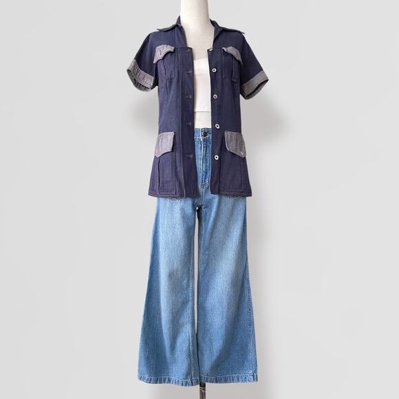 Vintage Utility Denim Jean Jacket Short Sleeve O/S Blue Navy Festival Grunge Y2K - Picture 1 of 8